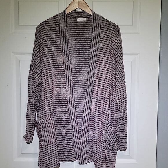 Reborn J Women's Oversized Striped Burgundy and Gray Cardigan Sweater - Picture 1 of 6